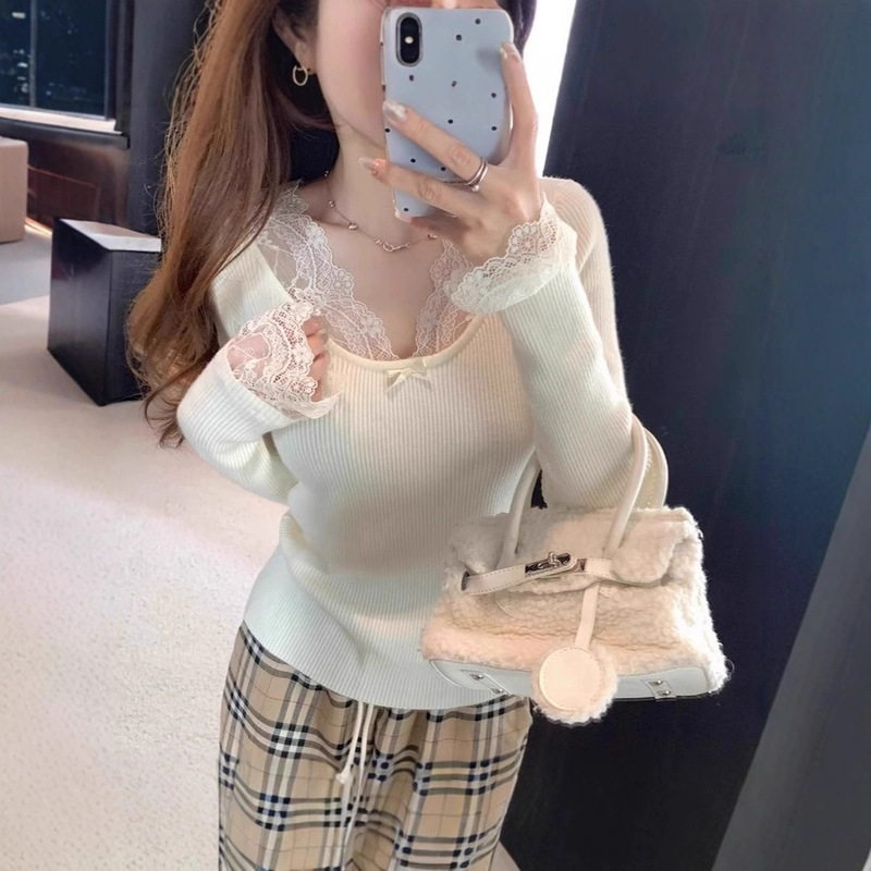 Korean Style Lace Splicing Pure Desire Slim Bottoming Shirt for Women Autumn and Winter Slim Inner Long-Sleeved Top French Knitted Knitwear