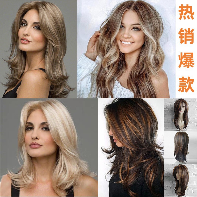 European and American foreign trade wig full head cover women's big wave long bangs long curly hair gradient synthetic wig cover wigs
