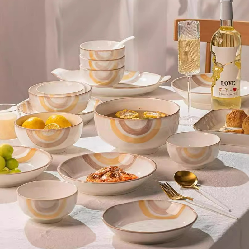 Retro High-Looking Underglaze Color Ceramic Tableware Set Bowls Household Dish Set Plate Soup Bowl Noodle Bowl Spoon