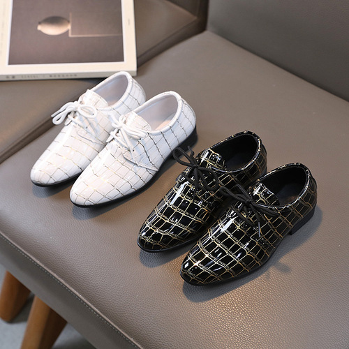 Boys' Leather Shoes School Performance Little Boy Performance Spring and Autumn Single Shoes British Style Black and White Checkered Student Children's Leather Shoes