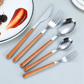 不锈钢仿木柄刀叉勺木纹餐具夹柄餐具日式餐具牛排刀叉勺甜品勺