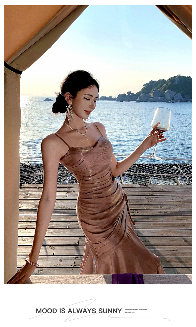 291g Weight Wholesale Women's Elegant Streetwear Solid Color Evening Party Cocktail Party Strapless Sleeveless Strap Dress Party Dress