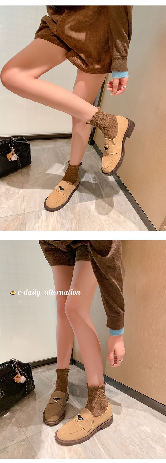 Giày lười nữ mũi tròn một chân miệng sâu gót thấp da lộn thời trang — Màu nâu, Màu đen, Màu mơ chi tiết 16