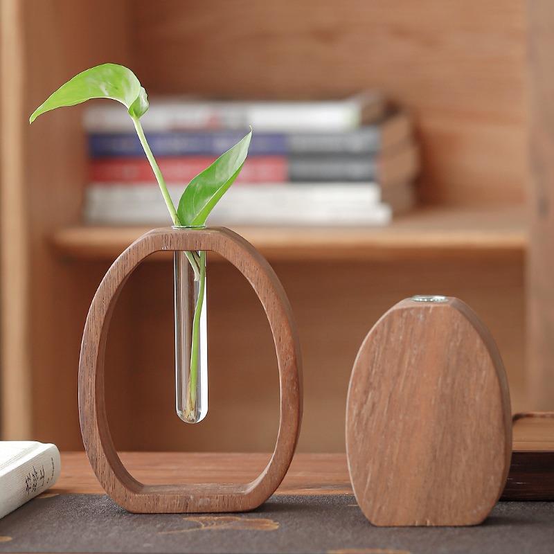 Dispositivo de flor de nogal planta hidropónica titular de la flor Japonés de madera maciza de vidrio de escritorio creativo pequeña decoración florero de tubo de ensayo de vidrio