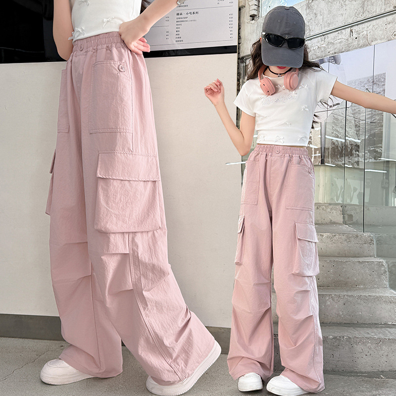 Girls summer overalls 2025 new children's summer big children's casual pants thin girls straight pants summer