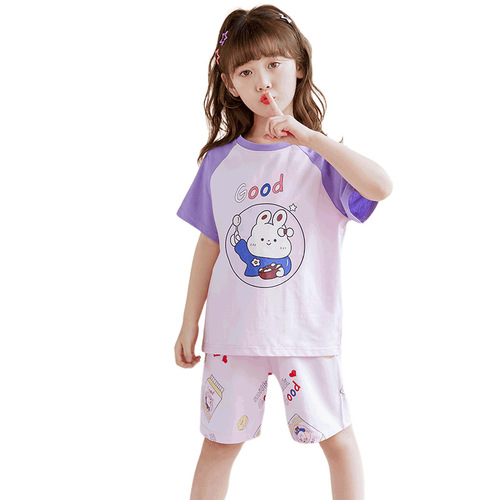 Children's home clothes, summer thin girls' short-sleeved suits, pure cotton, medium and large children's air-conditioned clothes, summer pajamas, trendy wholesale