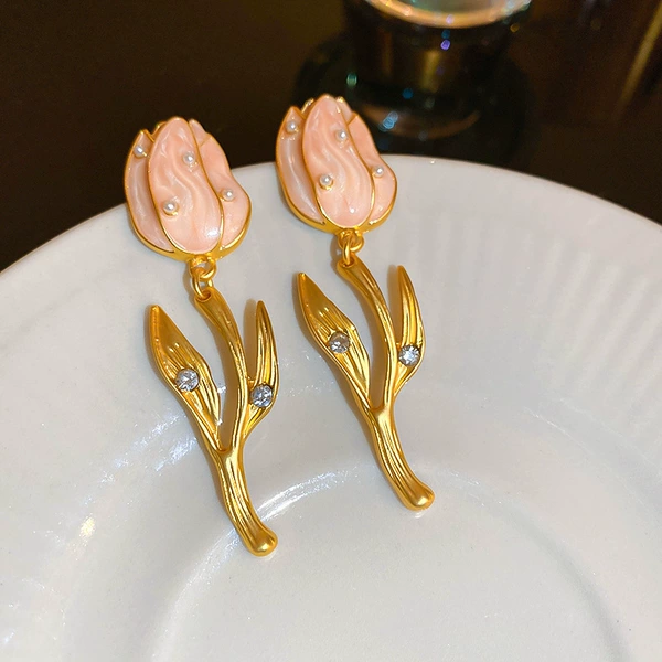 86#silver needle medium inlaid droplet oil pearl tulip earrings