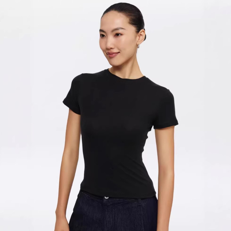Lyocell Tencel Linen Slim-Fit Regular Shoulder Short-Sleeve T-Shirt for Women, Summer Solid Color Base Layer Top, New Model 26 Lyocell Tencel Linen Slim-Fit Regular Shoulder Short-Sleeve T-Shirt for Women, Summer Solid Color Base Layer Top, New Model 26