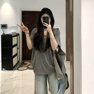 韩系简约休闲V领灰色慵懒风短袖T恤女夏新款宽松垂感百搭半袖上衣