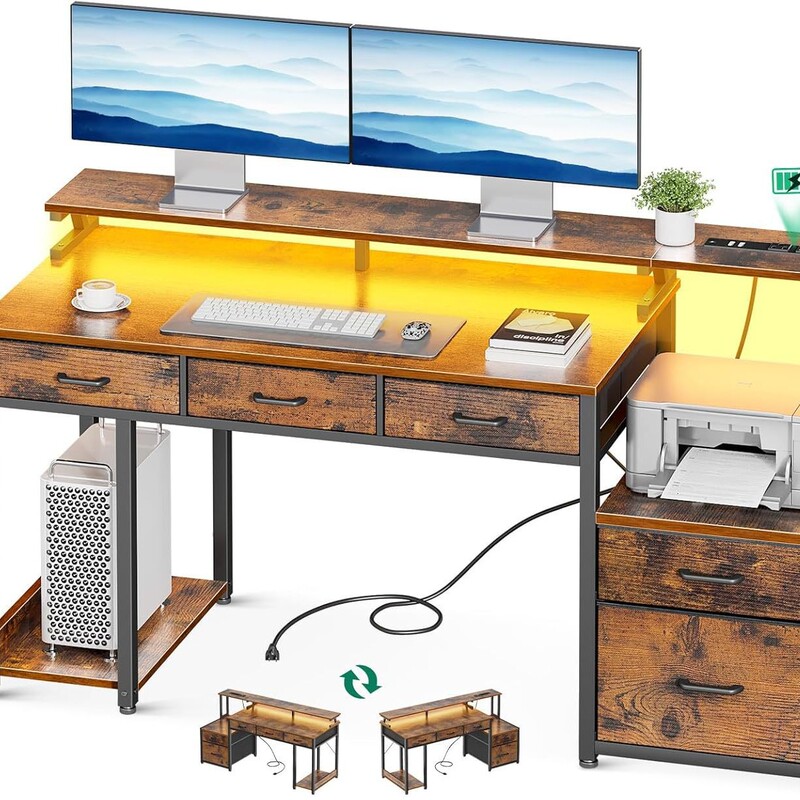 Factory Direct Supply, Customizable Size and Color Office Computer Desk, Dual-Screen Desk with Light, Drawer and Printer Rack