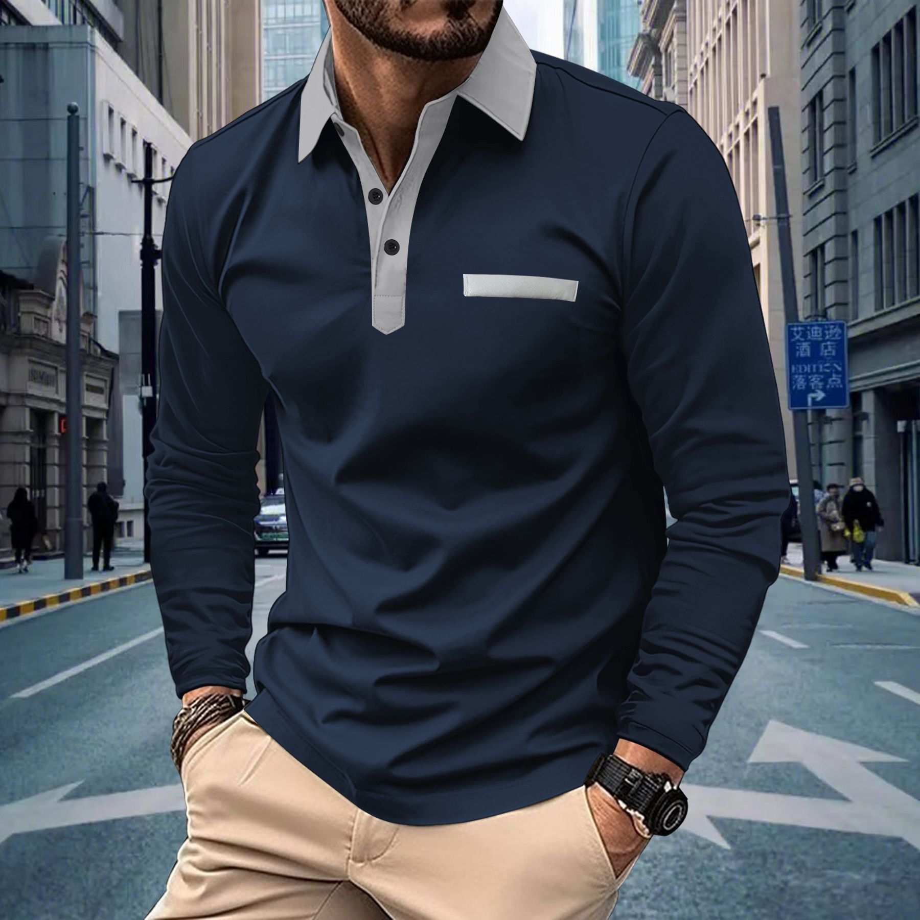 Herren Langarm Poloshirt Mit Button-down-kragen Und Color-block_voghion.com