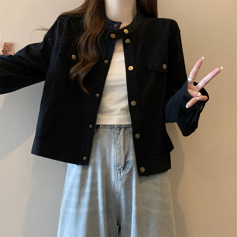 大码胖mm美式立领夹克外套女秋季2025新款爆款工装风正肩短款上衣|undefined