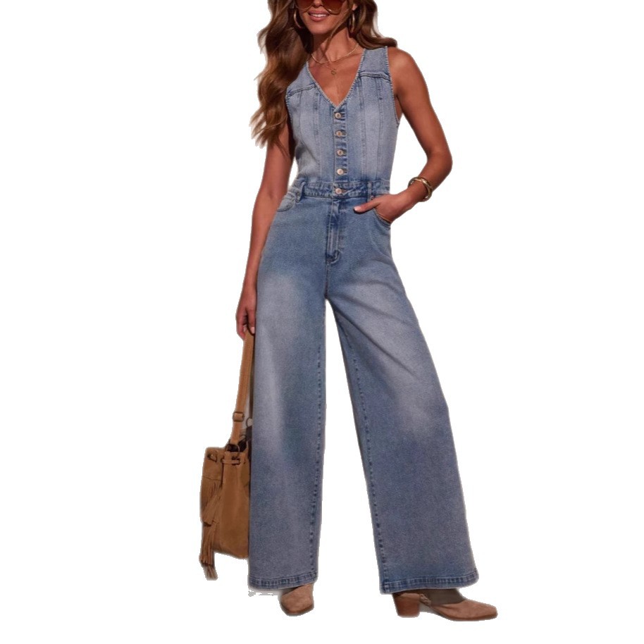 2025 Transfronterizo Amazon American Summer Nuevo estilo casual de mujer con cuello en V sin mangas mono de mezclilla mujer