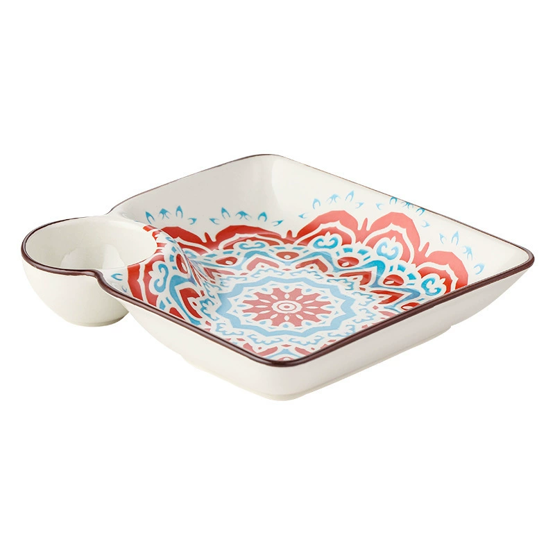 Dumpling Plate (Samia) Modern Wave Square with Sauce Well, Decorative Multi-Pattern Serving Dish