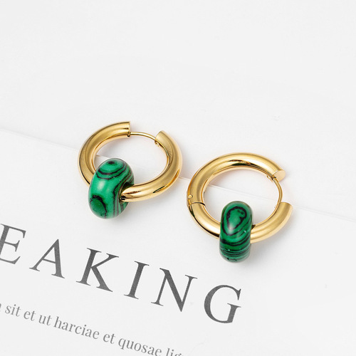 Circle malachite green natural stone titanium steel earrings plated with 14k real gold black stone ear buckle women's fashion simple earrings wholesale