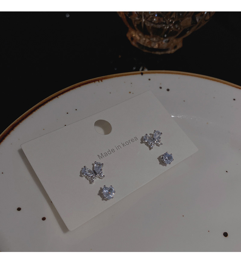 Simple Style Heart Shape Bow Knot Copper Inlay Zircon Ear Studs 4 Piece Set