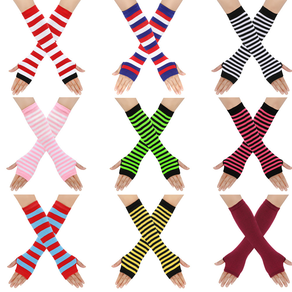 Japanese Harajuku Cosplay Anime Striped Fingerless Long Arm Sleeves Gloves Y2K Millennium Hot Girl Fingerless Striped Arm Sleeves