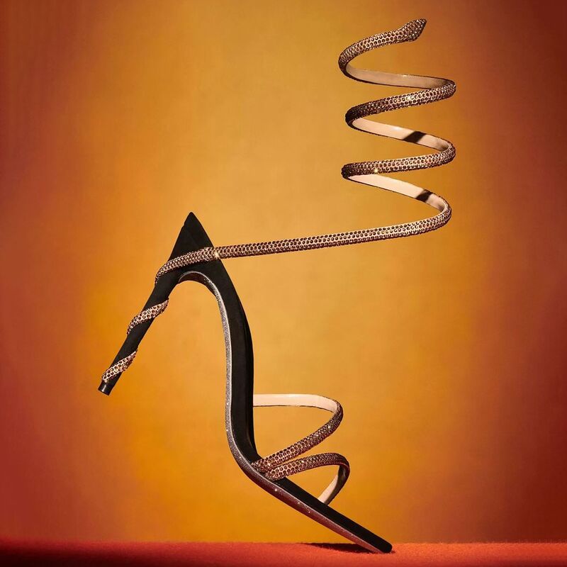 Rc Sandals Export Rhinestone Snake-Shaped Winding Stiletto Sandals French Black Gold Crystal Shoes Fairy High Heels