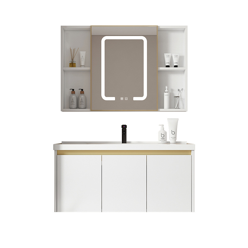 Blanco simple gabinete colgante integrado lavabo de cerámica lavabo de baño Combinación de gabinete de baño de aluminio espacial Luz de lujo