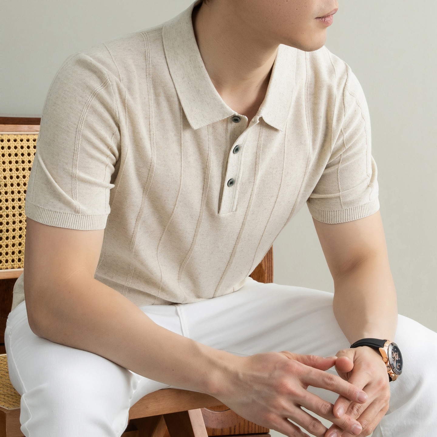 桑蚕天丝亚麻老钱风针织衫男士短款休闲翻领T恤轻熟风轻商务薄款