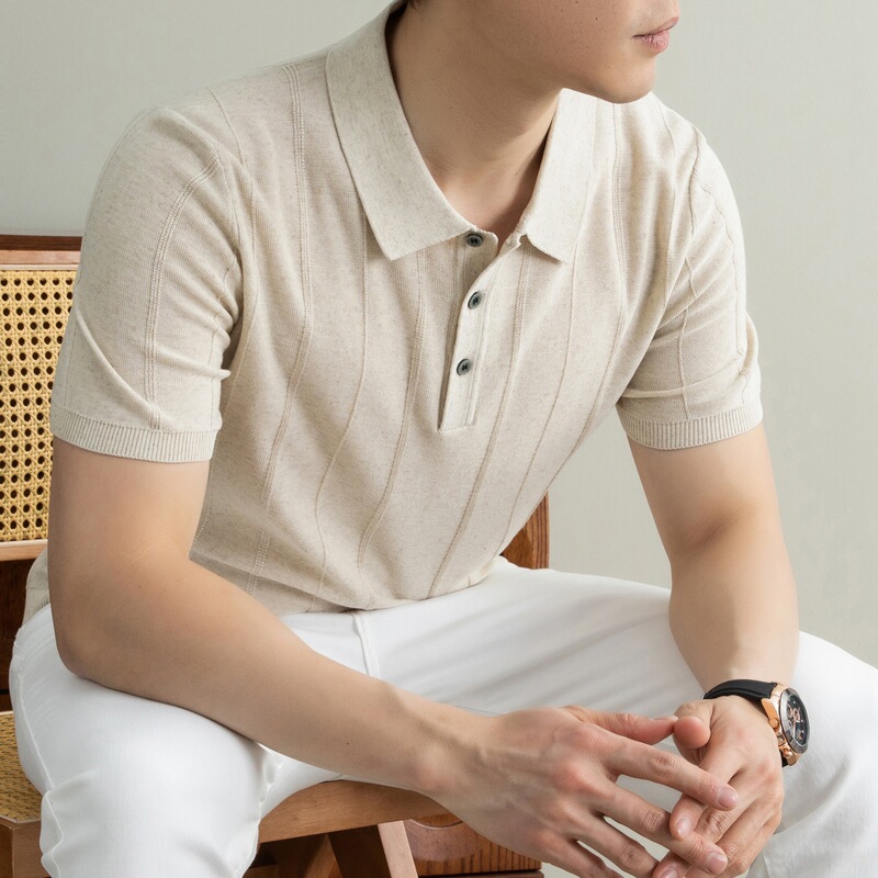 Men's short-sleeved casual turn-down collar T-shirt in mulberry silk, Tencel, and linen, with an old money style, suitable for a light mature and light business look, thin style Men's short-sleeved casual turn-down collar T-shirt in mulberry silk, Tencel, and linen, with an old money style, suitable for a light mature and light business look, thin style