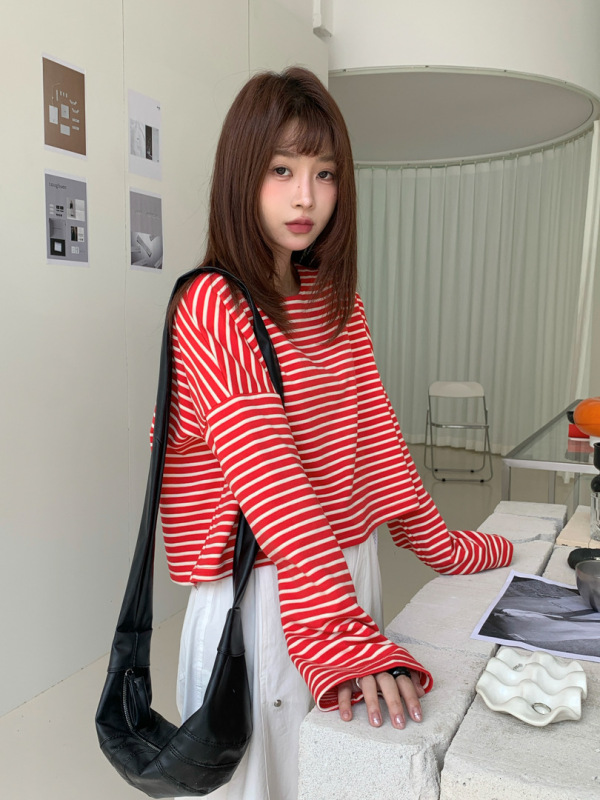 GAGD 慵懒条纹短款蝙蝠袖T恤女 2025秋季新款宽松百搭圆领上衣t|undefined