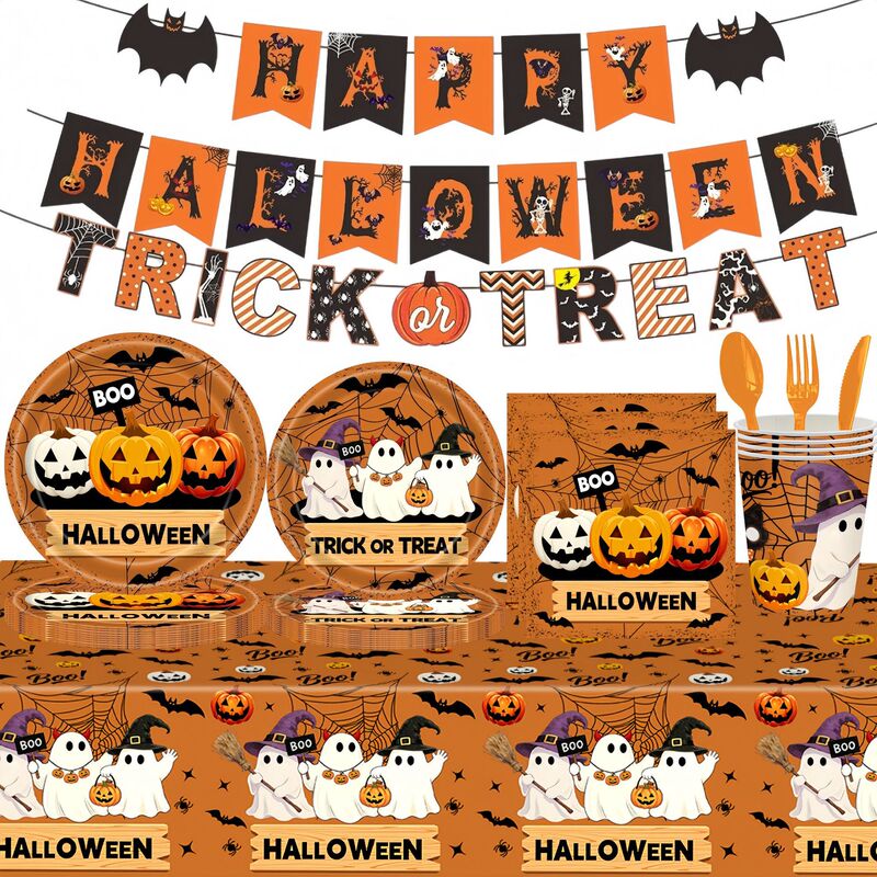 Halloween Ghost Pumpkin Party Tableware Set Paper Plates Paper Cups Tablecloth Disposable Party Decoration Supplies Halloween Ghost Pumpkin Party Tableware Set Paper Plates Paper Cups Tablecloth Disposable Party Decoration Supplies