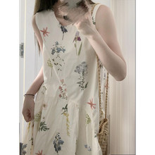 超仙新款气质法式甜美度假无袖印花连衣裙夏季碎花背心长裙女