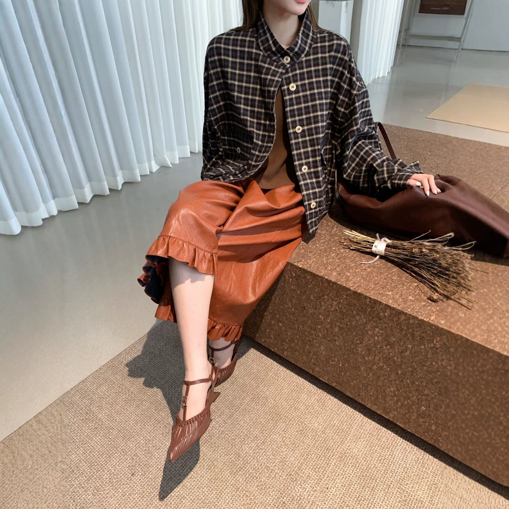 Kamanshi Light Summer Korean Style Early Autumn Retro Plaid Long Sleeve Short Jacket Women's Casual Versatile Workwear Jacket