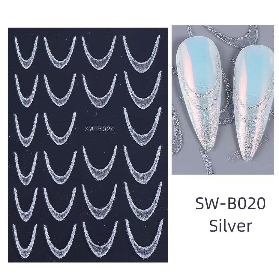 Polvo brillante gradiente pegatinas de uñas francesas ins viento oro y plata brillante azul rosa francés sonrisa pegatinas de uñas