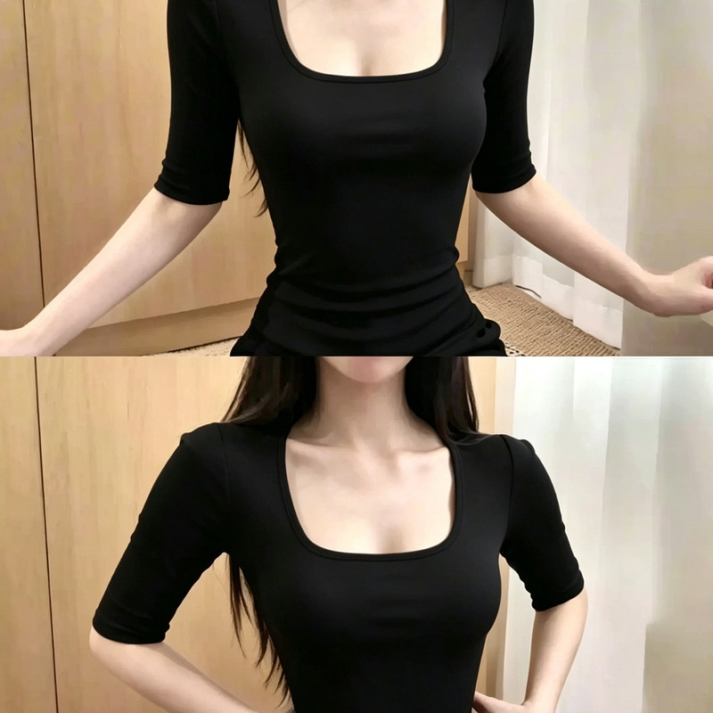 Black, fitted, U-neck, short-sleeved T-shirt for women, summer 2026 new style, trendy basic top, mid-sleeve, square neckline Black, fitted, U-neck, short-sleeved T-shirt for women, summer 2026 new style, trendy basic top, mid-sleeve, square neckline