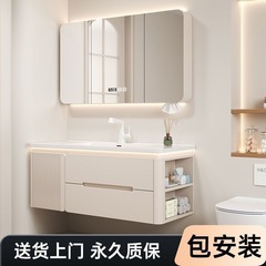 サイド収納洗面台 オーク塗装バスルームキャビネット セラミック一体型洗面器セット 洗面台キャビネットの組み合わせ