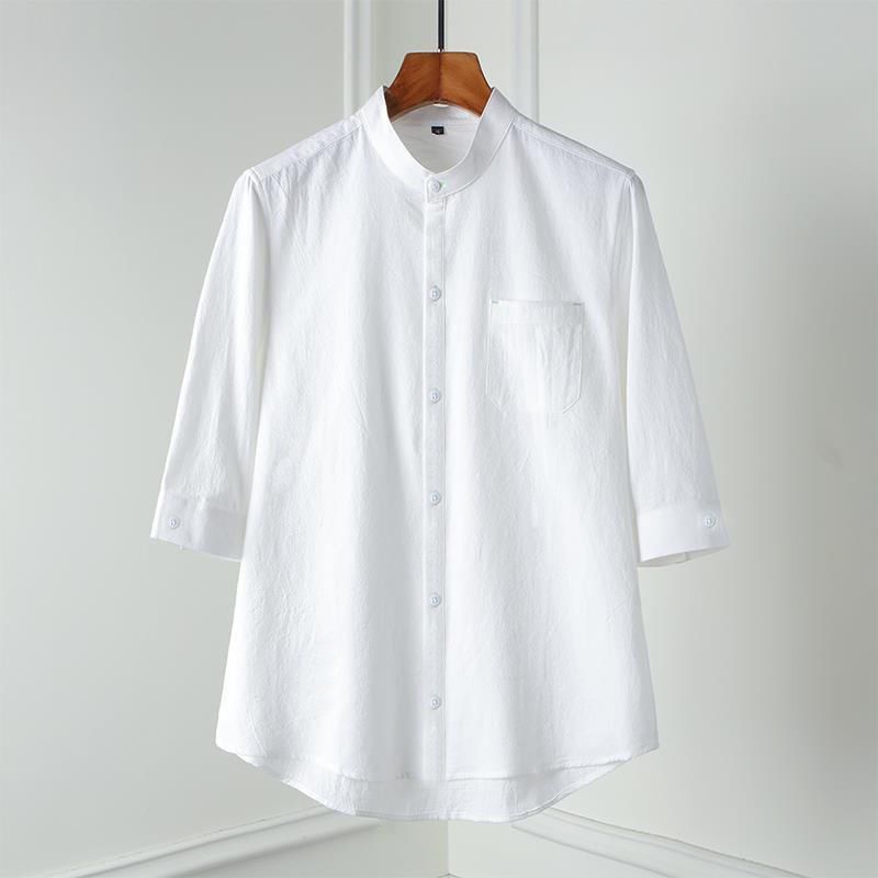Camisa de seda de hielo para hombre con mangas tres cuartos, nuevo estilo de verano, suelta, delgada, transpirable, camisa de lino y algodón de color sólido, manga media blanca para hombre