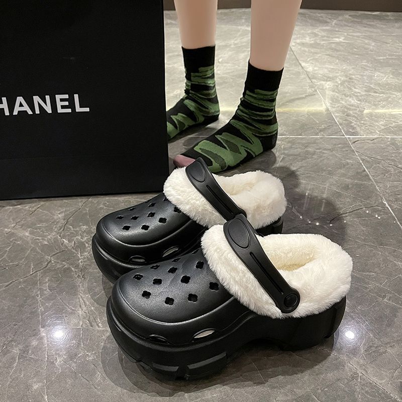 可爱卡通洞洞鞋女2025年冬季加绒保暖厚底防滑可拆卸外穿增高棉鞋|undefined