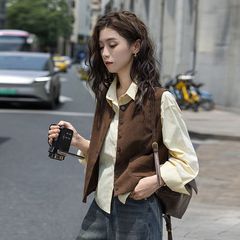 【ツーピースセット】フレンチスタイル春物長袖シャツレディース+カジュアルベスト付きおしゃれセット