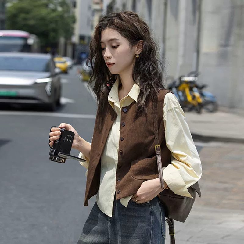 [Комплект из двух предметов] французская весенняя рубашка с длинными рукавами для женщин + повседневный жилет и модный костюм-жилет