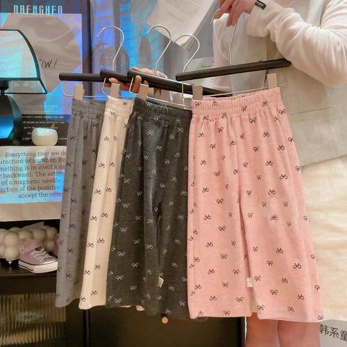 Baby Elastic Straight Leg Casual Long Pants with Bowknot Top for Girls, Spring and Autumn Printed Wide Leg Pants