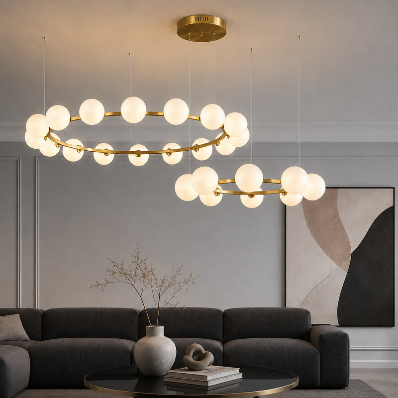 Nordic Post-Modern Double-Ring Bubble Ball Chandelier for Living Room and Dining Room, Italian-Style Light Luxury Circular Combination Chandelier, Designer Model