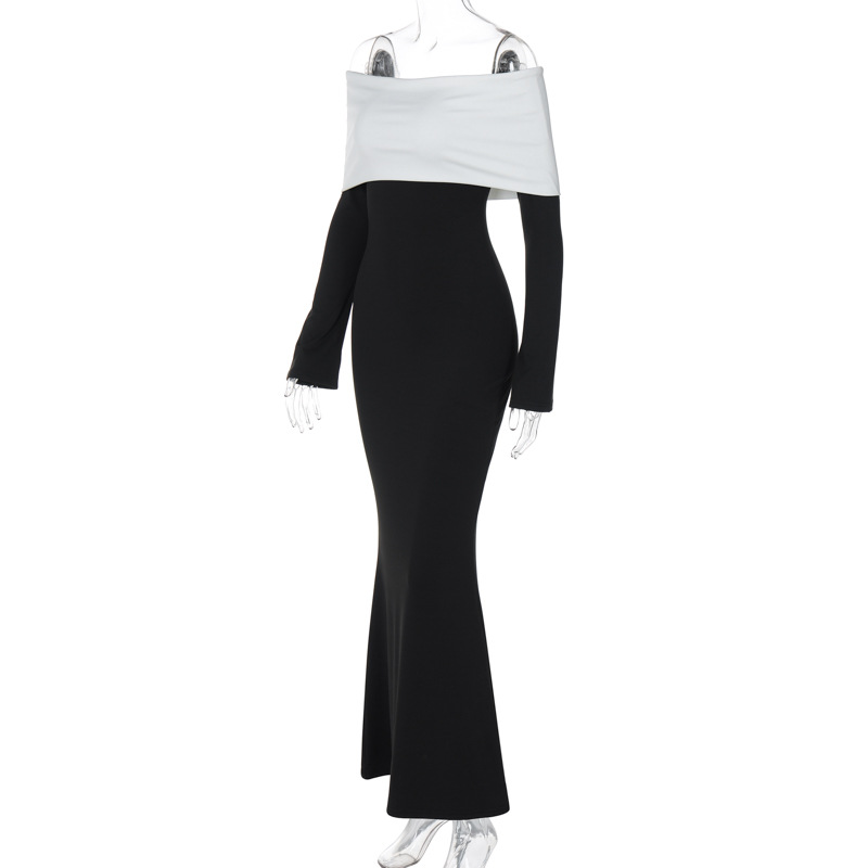 Women Clothing Autumn Winter Contrast Color off Shoulder Long Sleeve Waist Slimming Maxi Dress