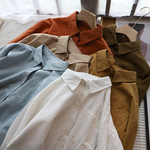 [比正]2023初秋新品韩版女装时尚翻领大口袋纯色长袖宽松衬衫8899