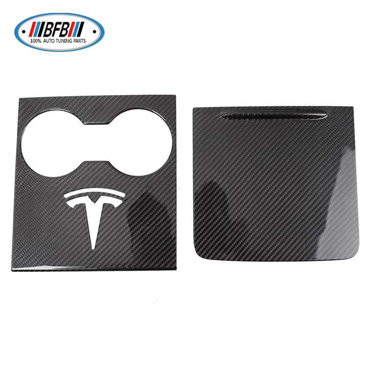 100% Real Carbon Fiber Center Console Panel Cup Holder Cover Storage Box Lid - For New Tesla Model Y and Model 3