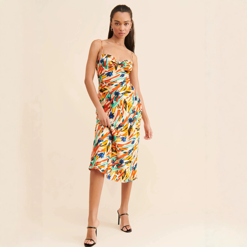 French Retro Abstract Print Suspender Dress for Women, Waist-Cinching and Slimming, Resort-Style Mid-Length Satin Dress French Retro Abstract Print Suspender Dress for Women, Waist-Cinching and Slimming, Resort-Style Mid-Length Satin Dress