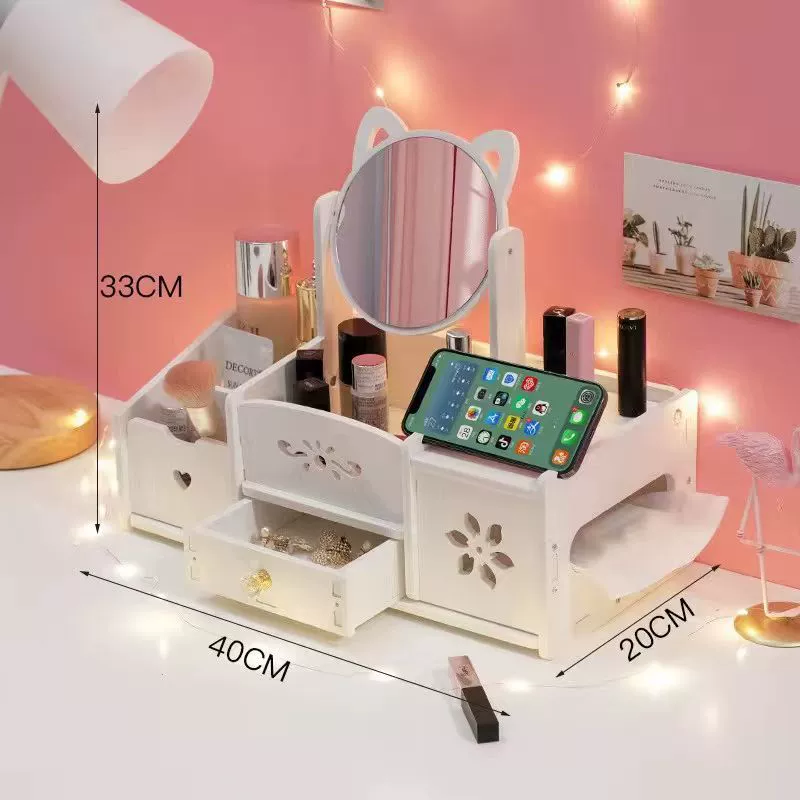 Desktop Cosmetic Organizer — Multifunctional Makeup Storage Box with Drawers and Mirror