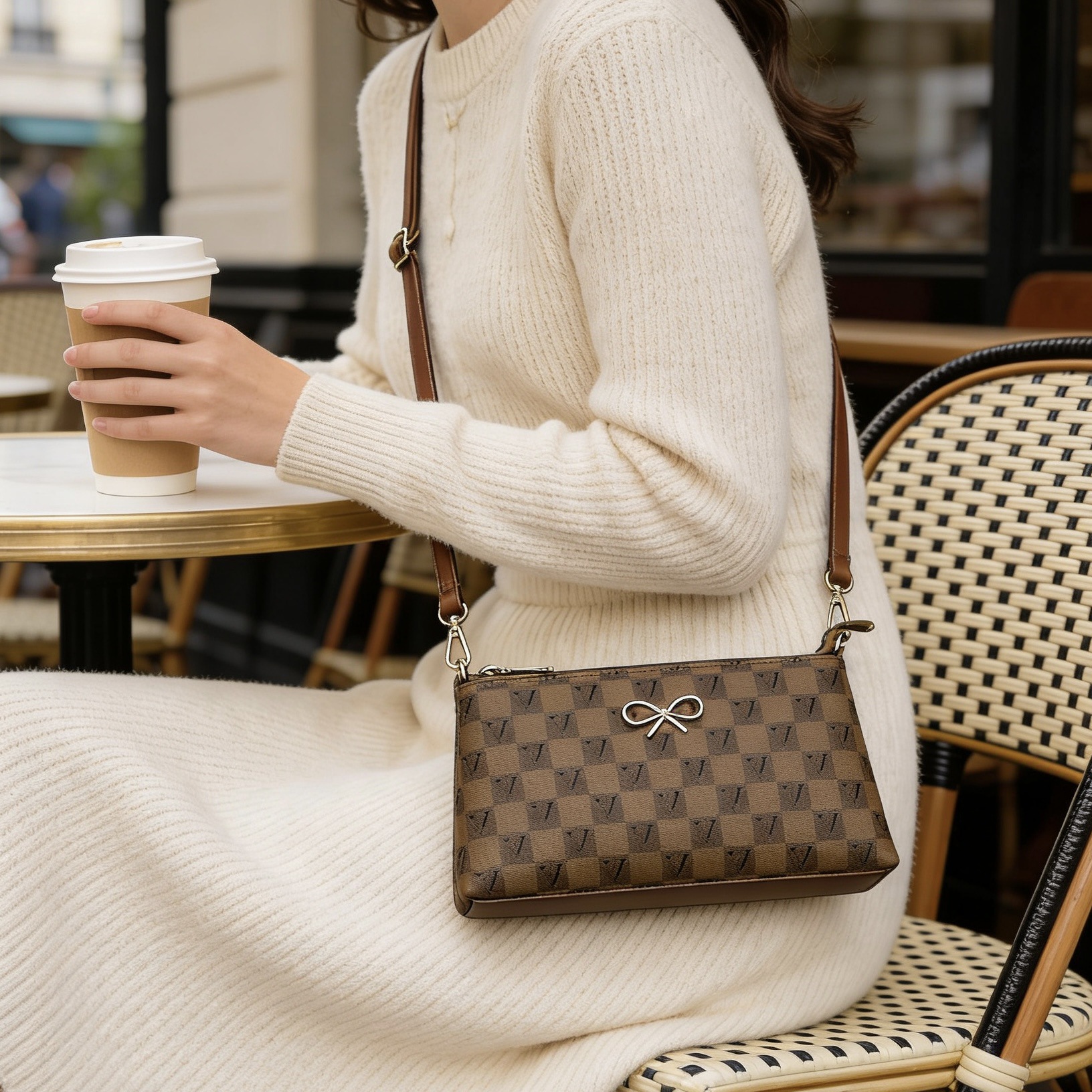 Crossbody axelväska i retrostil med tryck och dragkedja_voghion.com