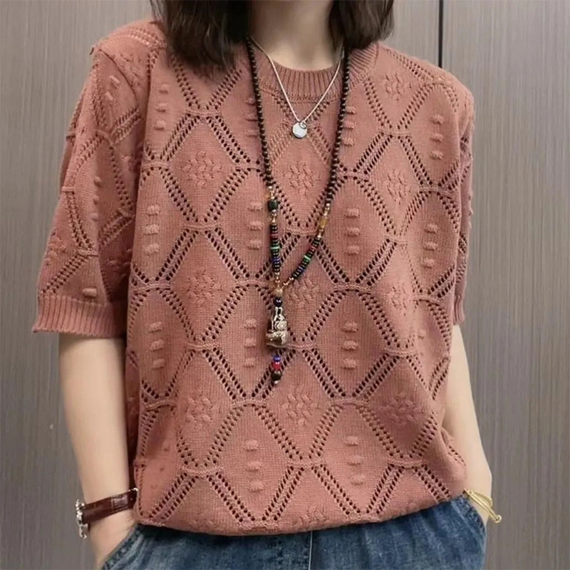 Ice Silk Casual Round Neck Women's Knitted T-shirt Summer New Hollow Loose Slim Belly Covering Solid Color Top T-shirt Ice Silk Casual Round Neck Women's Knitted T-shirt Summer New Hollow Loose Slim Belly Covering Solid Color Top T-shirt