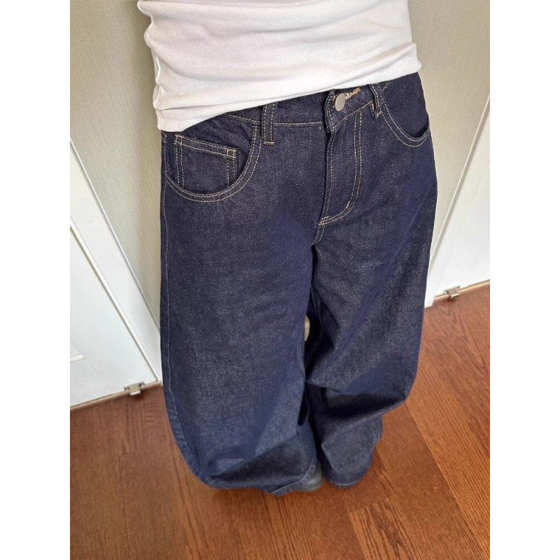 大码美式高街阔腿牛仔裤女秋夏季水洗宽松高腰直筒拖地长裤潮蓝色