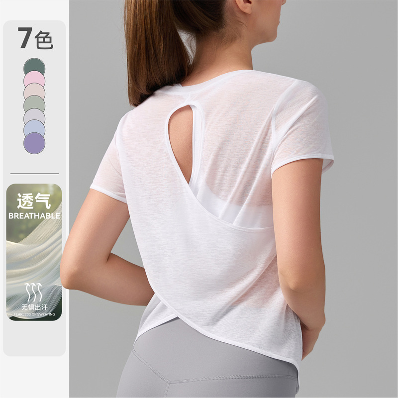 Cross-Border Yoga Wear Women's Short-Sleeved T-Shirt, Lightweight, Breathable, Hollow-Out, Beautiful Back, Dance Fitness Cover-Up, Sports Running Top Cross-Border Yoga Wear Women's Short-Sleeved T-Shirt, Lightweight, Breathable, Hollow-Out, Beautiful Back, Dance Fitness Cover-Up, Sports Running Top