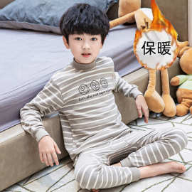 青少年男孩秋冬季长袖长裤磨毛薄绒圆领套头打底衫睡衣套装中大童
