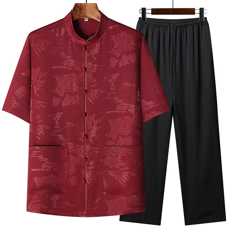 Летний костюм Тан 2025 года, тонкая рубашка с коротким рукавом, костюм для мужчин среднего и пожилого возраста, китайский стиль, двухкомпонентный костюм Тан