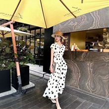 南油外贸2025夏气质大摆裙高级感收腰显瘦V领大波点印花连衣裙女